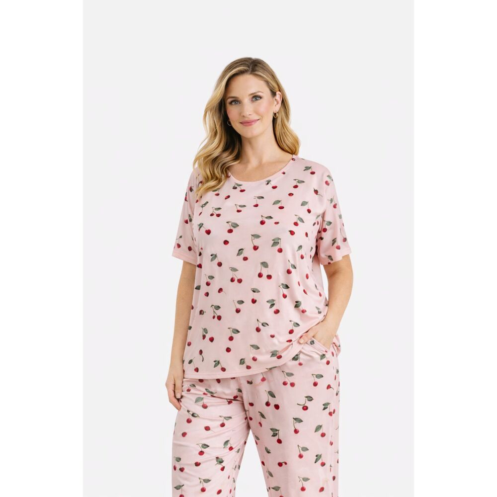 Woman's XXL Pink Cherry Print Pajama Set Silky Soft Lounge Sleepwear #T